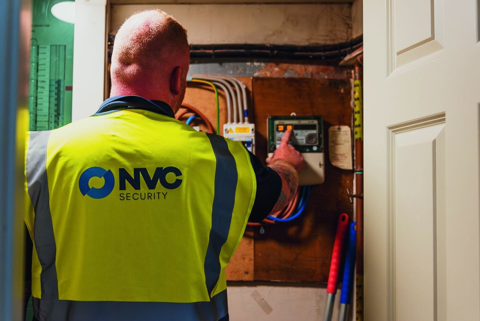 NVC Security officer at an isolated electricity meter in a vacant property