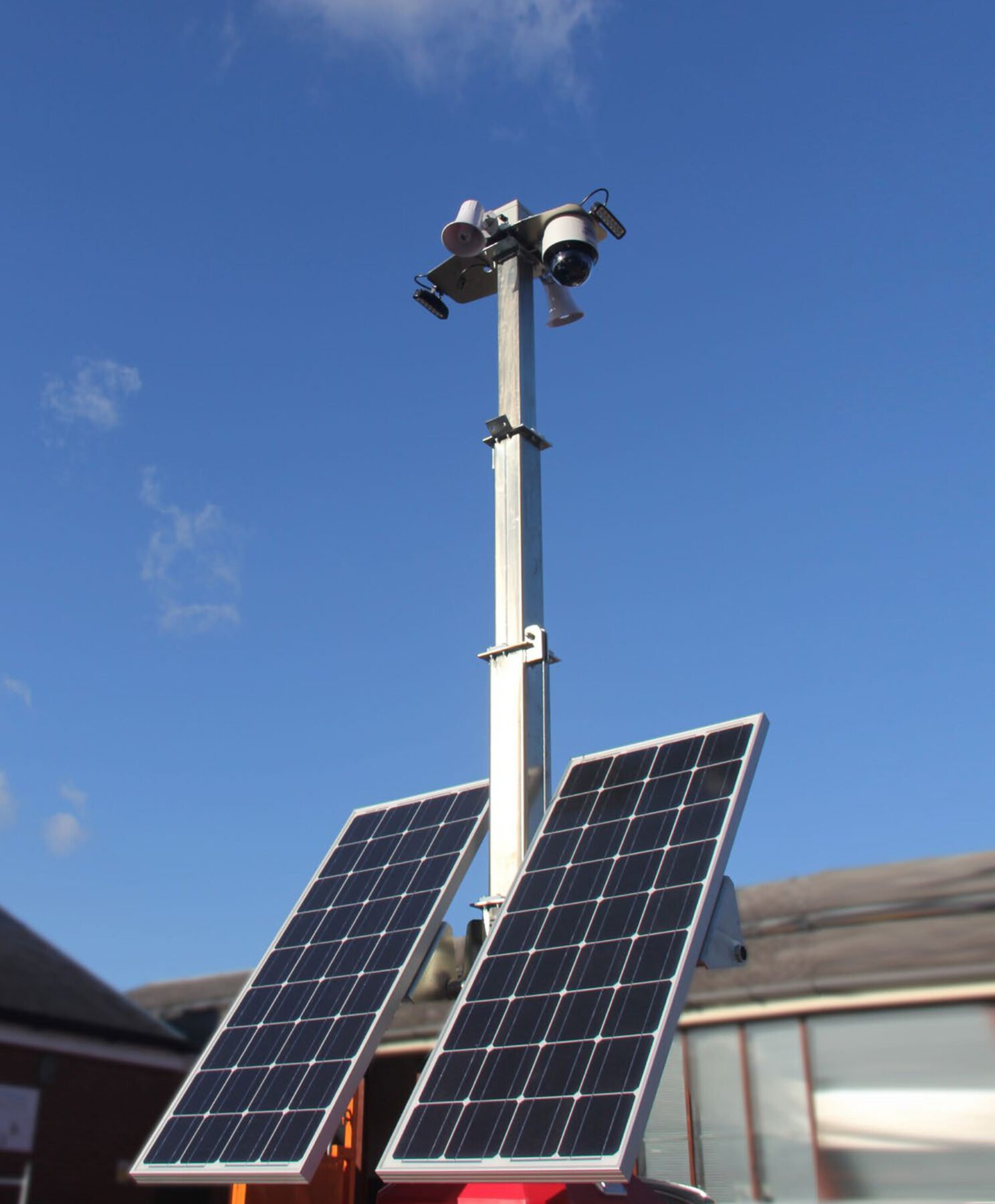 Solar-powered NVC CCTV tower against the sky